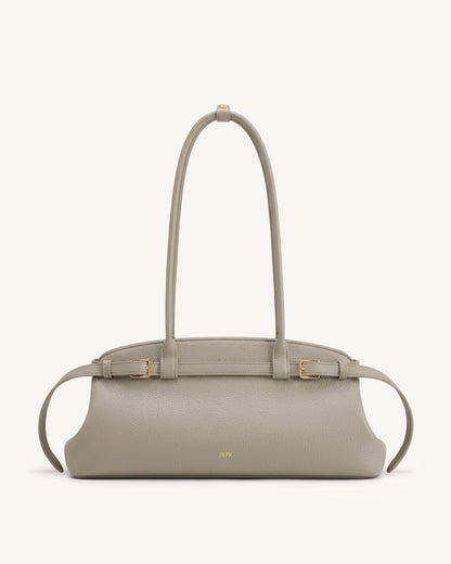 Arden Pebbled Belt Detail East-West Shoulder Bag - Taupe