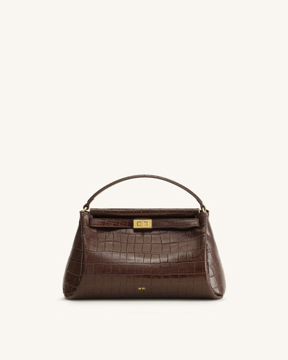 Carmen Top Handle Bag - Dark Brown Croc