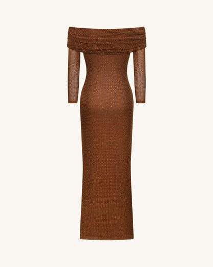 Rhinestone Mesh Off-Shoulder Maxi Dress - Brown