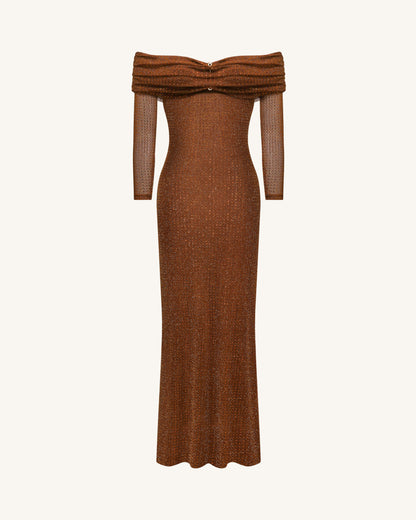 Rhinestone Mesh Off-Shoulder Maxi Dress - Brown