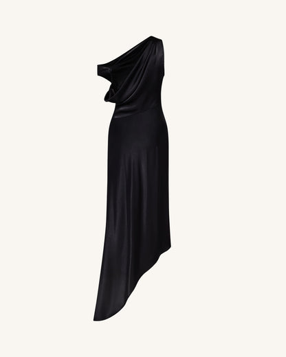 Satin Draped One-Shoulder Asymmetric Dress - Black