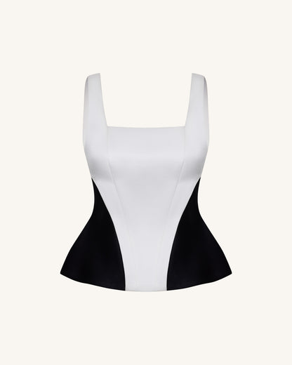 Monochrome Paneled Square-Neck Peplum Top - Black