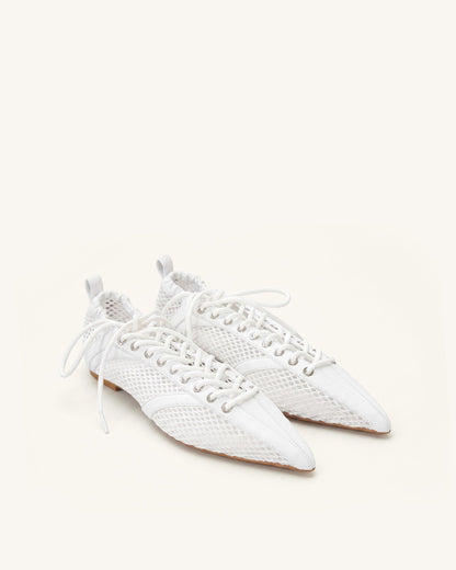 Ava Lace-Up Mesh Flats - White