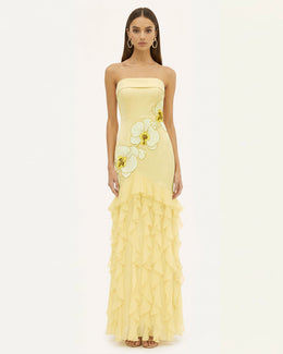 Orchid Embroidered Ruffled Strapless Maxi Dress - Pale Yellow