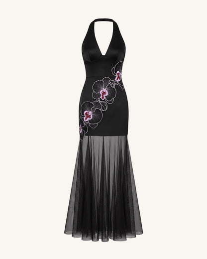 Orchid Embroidered Sheer Hem Halter Maxi Dress - Black Purple
