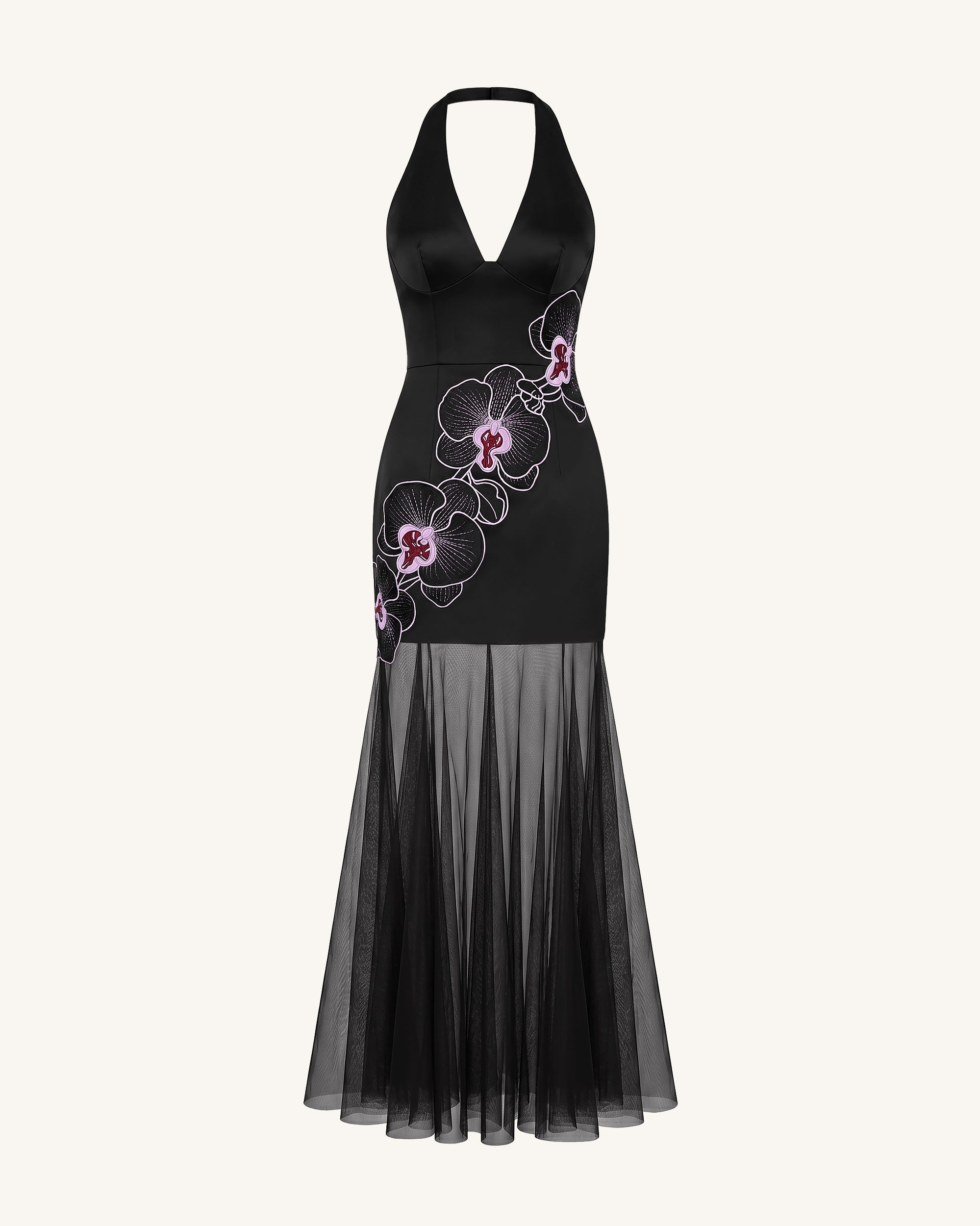 Orchid Embroidered Sheer Hem Halter Maxi Dress - Light Blue