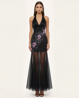 Orchid Embroidered Sheer Hem Halter Maxi Dress - Black Purple