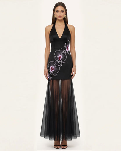 Orchid Embroidered Sheer Hem Halter Maxi Dress - Black Purple