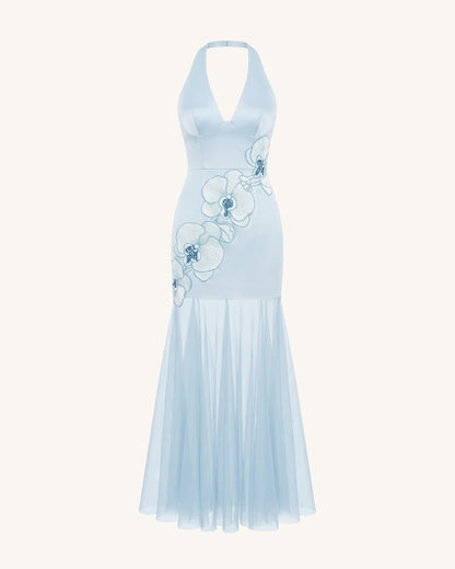 Orchid Embroidered Sheer Hem Halter Maxi Dress - Light Blue