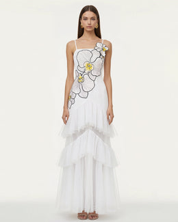 Orchid Embroidered Ruffled Tulle Strapless Maxi Dress - White