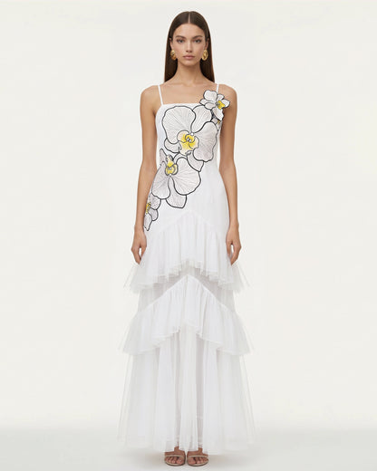 Orchid Embroidered Ruffled Tulle Strapless Maxi Dress - White