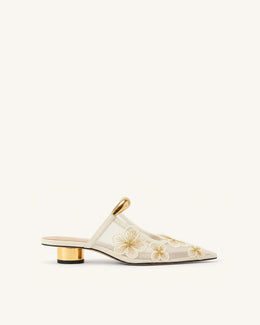 Helena Pierced Floral Mesh Mules - Ivory