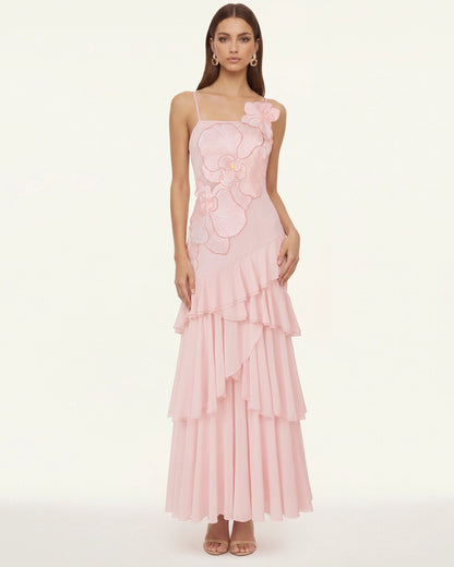 Orchid Embroidered Ruffled One-Shoulder Maxi Dress - Blush Pink
