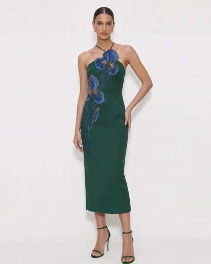 Iris Embroidered Halter Midi Dress - Navy Blue