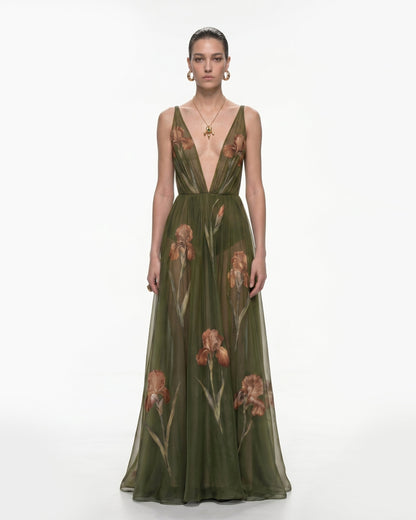 Sheer Floral Print Maxi Dress - Black