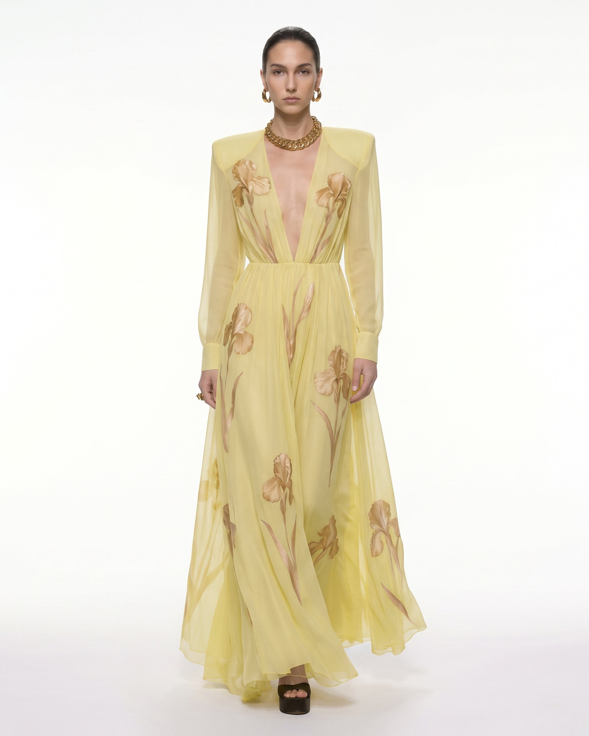 Iris Floral Print Long-Sleeve Sheer Gown - Black/Purple