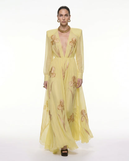 Iris Floral Print Long-Sleeve Sheer Gown - Black/Purple