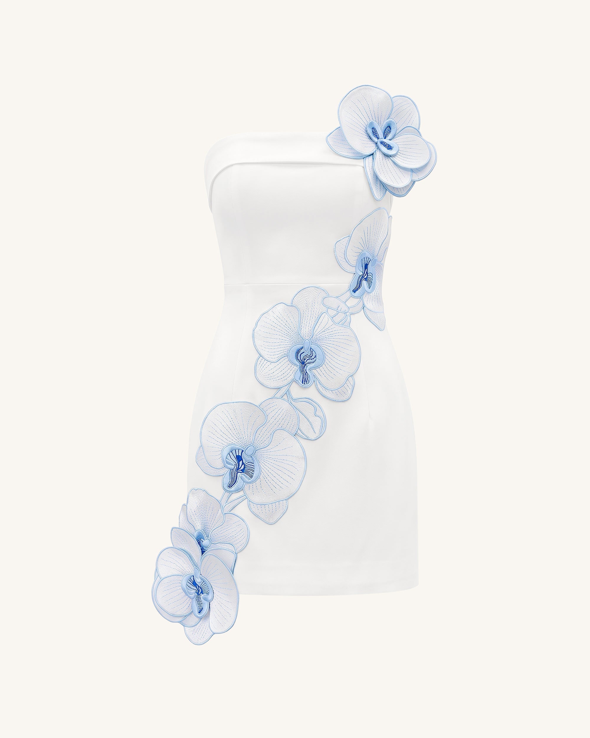 Orchid Embroidered Floral Appliqué Strapless Mini Dress - White Blue