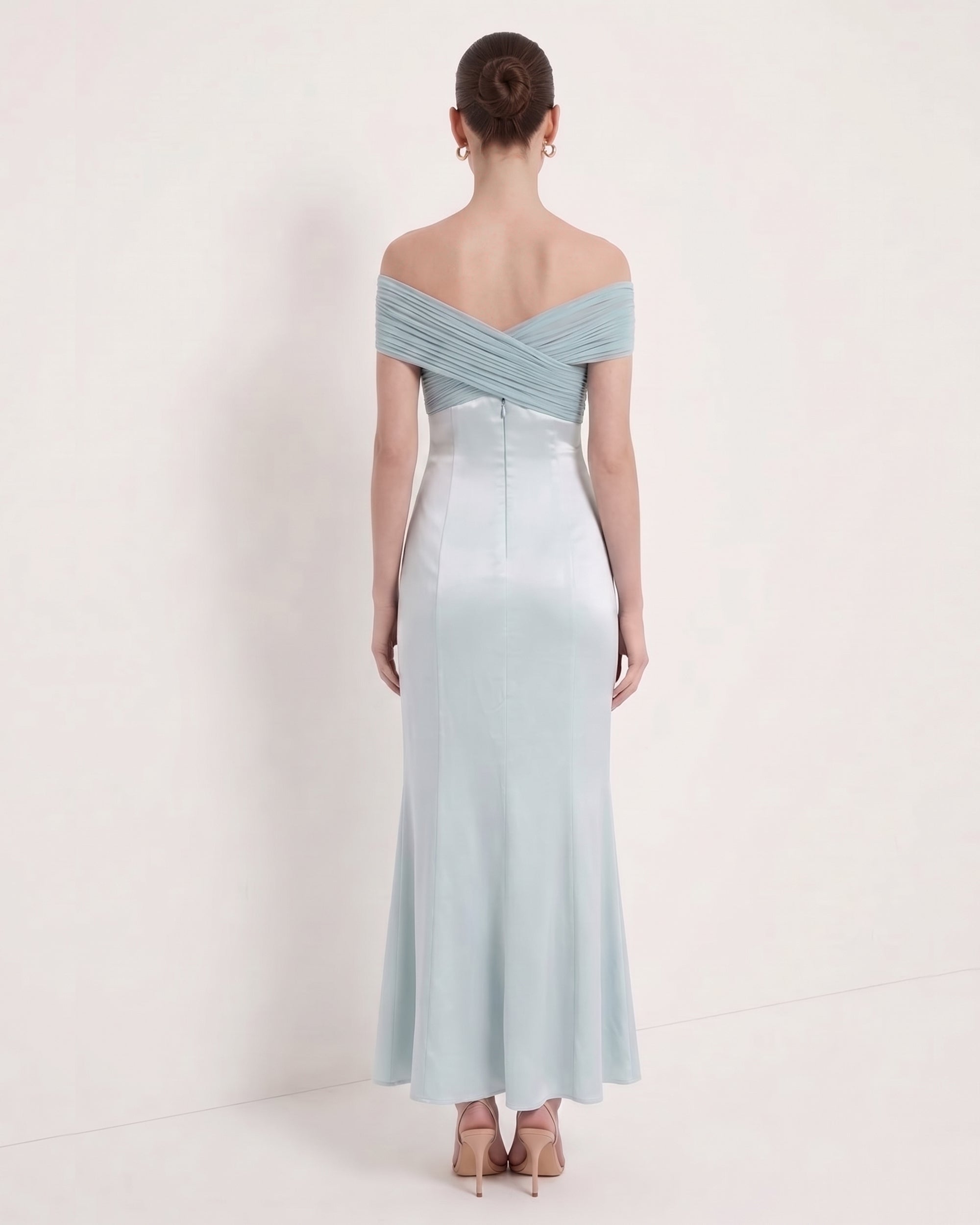 Pleated Cross-Halter Satin Maxi Dress - Dusty Blue