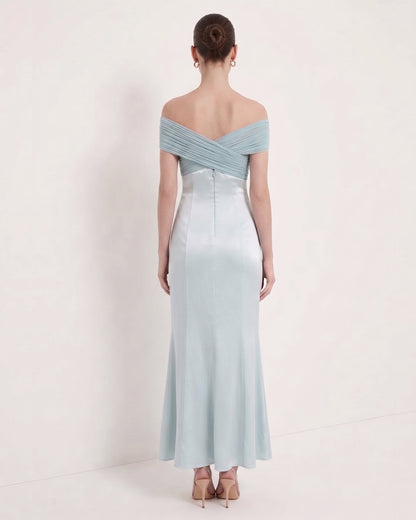Pleated Cross-Halter Satin Maxi Dress - Dusty Blue