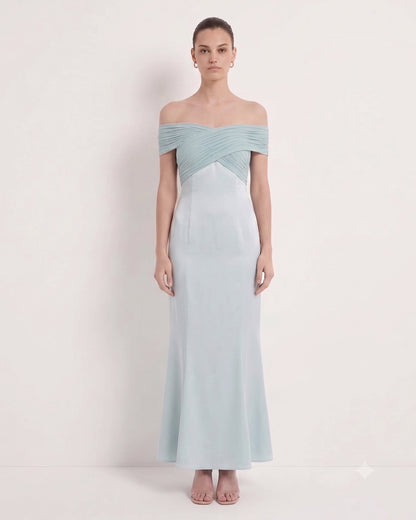 Pleated Cross-Halter Satin Maxi Dress - Dusty Blue