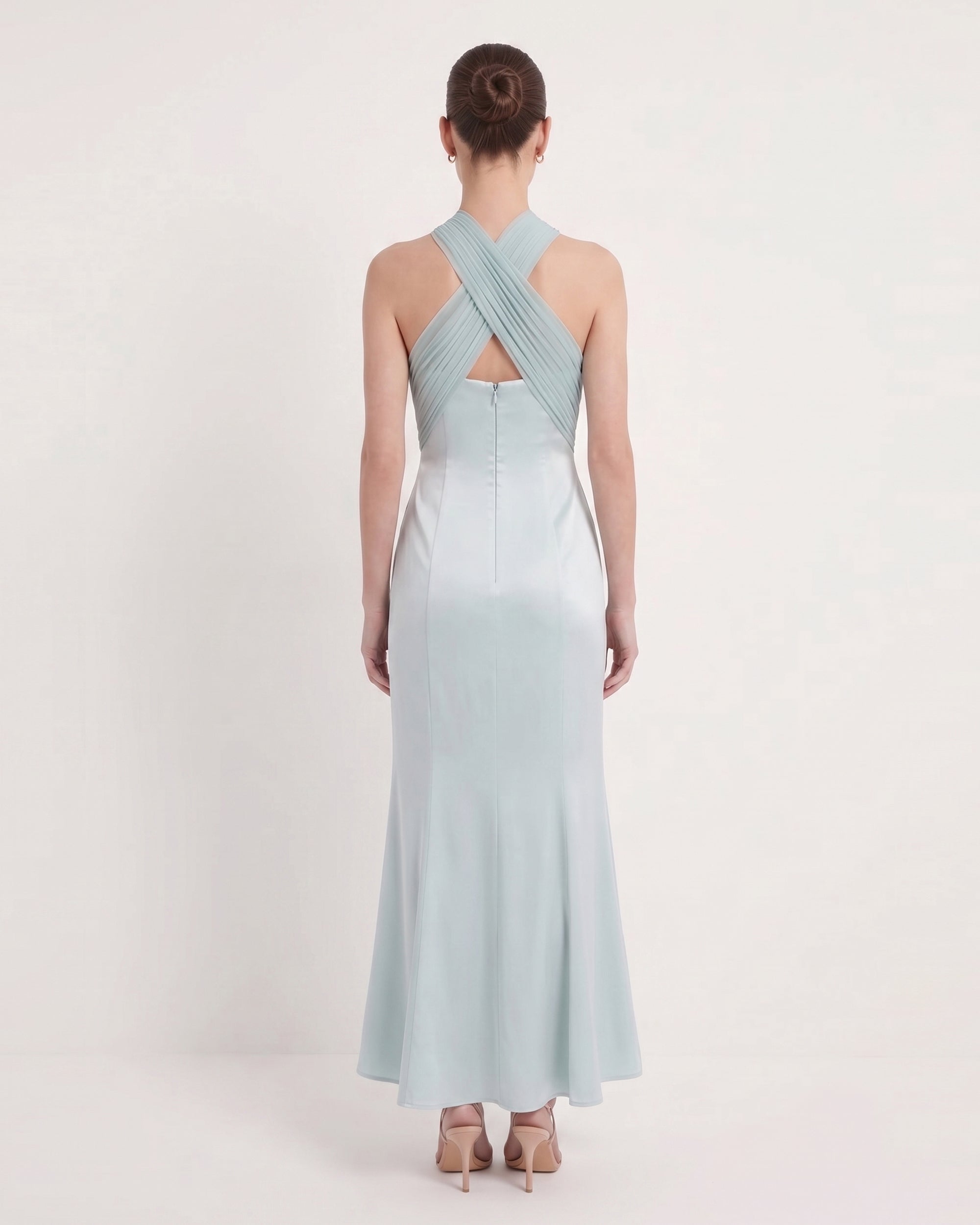 Pleated Cross-Halter Satin Maxi Dress - Dusty Blue