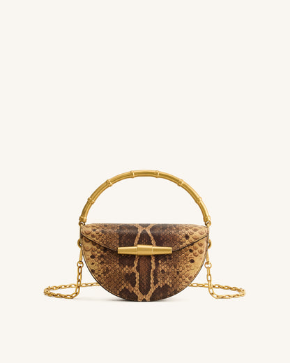 Sylvie Snake Print Half-Moon Top Handle Bag - Yellowish Brown