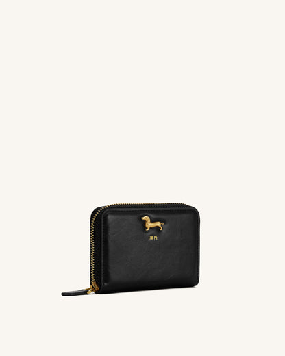 Maeve Dachshund Metal Emblem Zip Wallet - Black