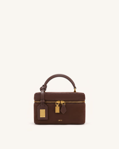 Cleo Faux Suede Box Shape Top Handle Bag - Chocolate Brown