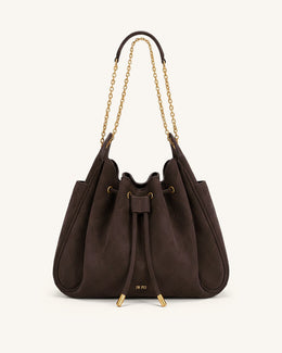 Rowan Faux Suede Quilted Chain Bucket Bag - Dark Brown