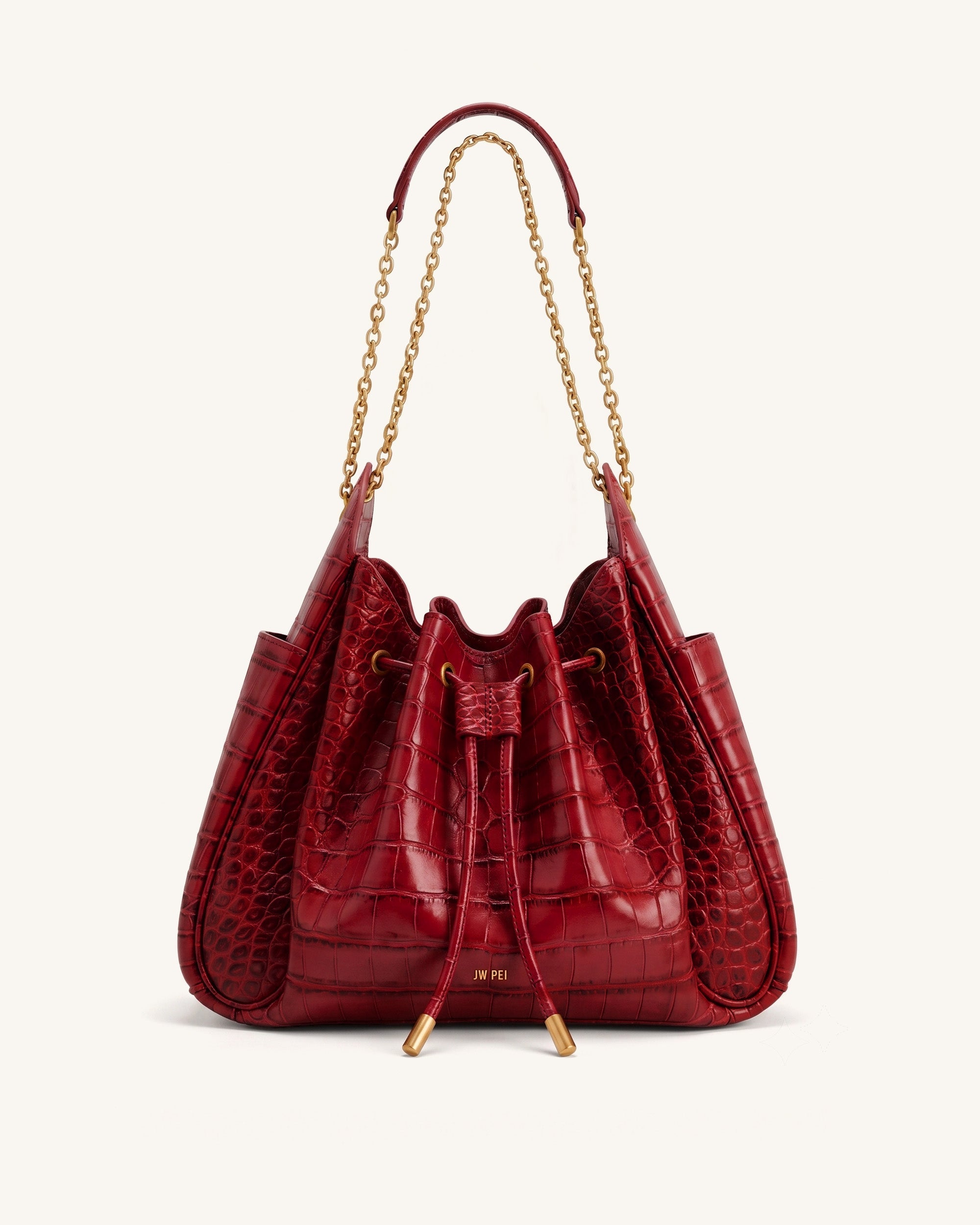 Rowan Ruched Drawstring Chain Bucket Bag - Dark Red Croc