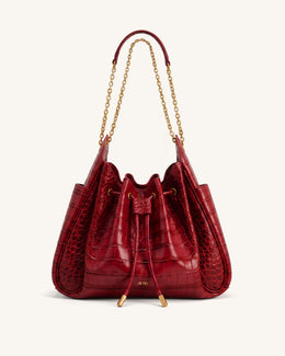 Rowan Ruched Drawstring Chain Bucket Bag - Dark Red Croc