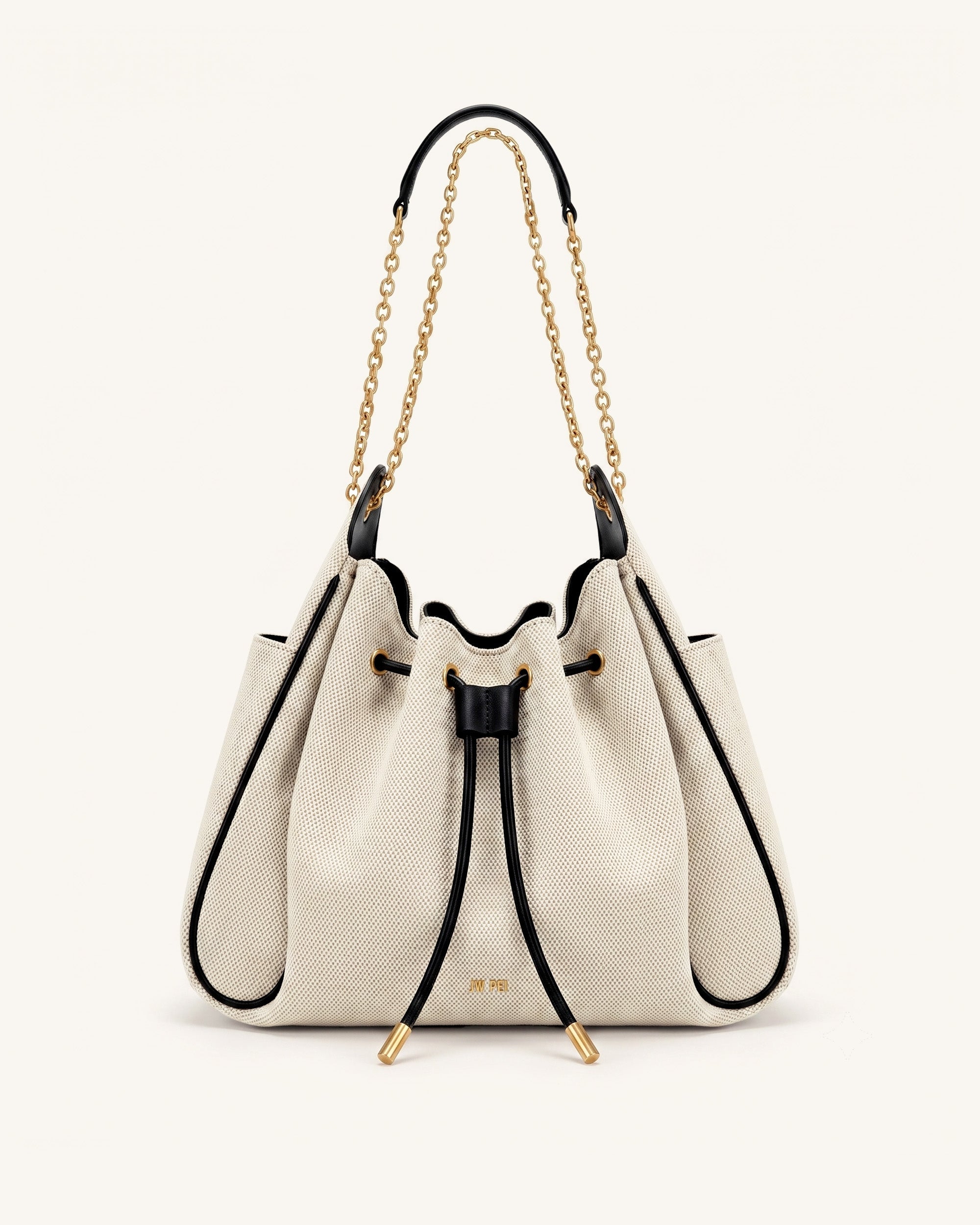 Rowan Ruched Drawstring Chain Bucket Bag - Black