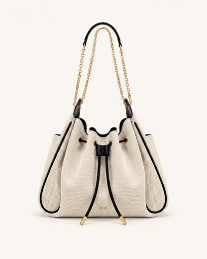 Rowan Ruched Drawstring Chain Bucket Bag - Black