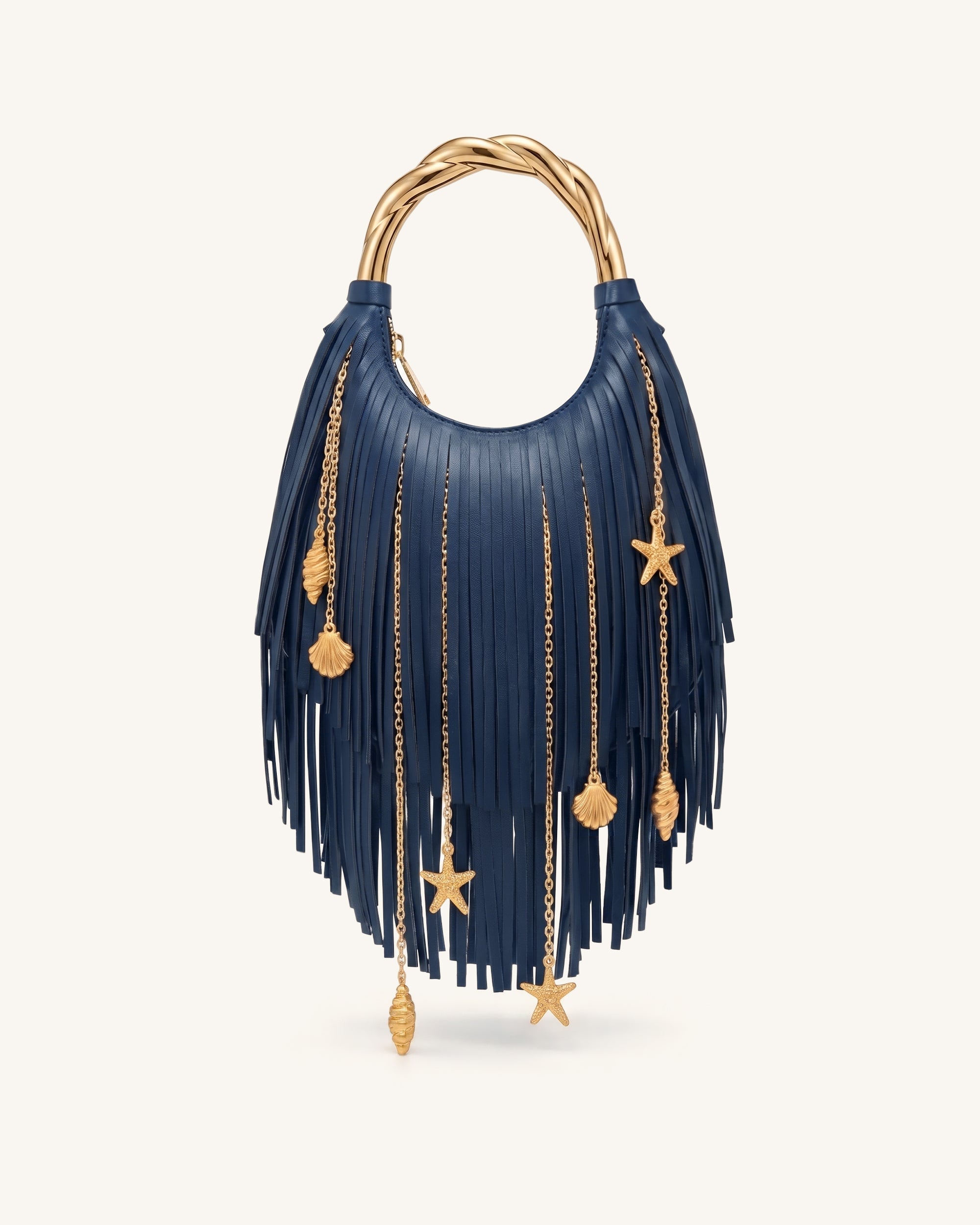 Chloe Metal Handle Fringe Top Handbag - Navy Blue