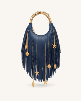 Chloe Metal Handle Fringe Top Handbag - Navy Blue