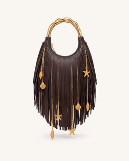 Chloe Metal Handle Fringe Top Handbag - Dark Brown