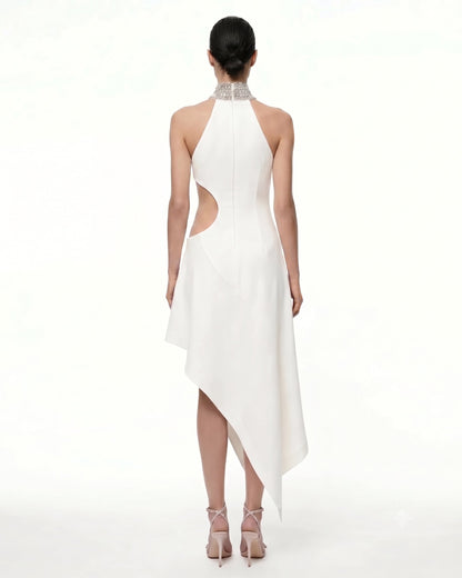 Jeweled Floral Cutout High Neck Dress - White