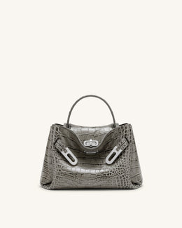 Rhea Small Double Buckle Shoulder Bag - Grey Croc