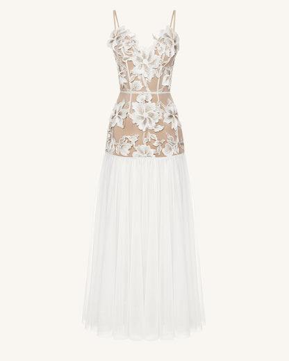 Floral Appliqué Sheer Tulle Maxi Dress - White