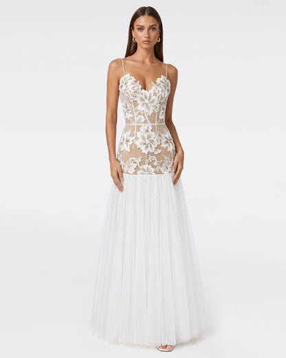 Floral Appliqué Sheer Tulle Maxi Dress - White