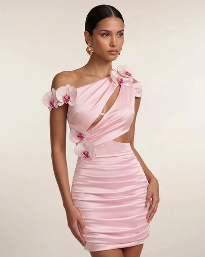 Orchid Embroidered Cutout Ruched Mini Dress - Blush Pink