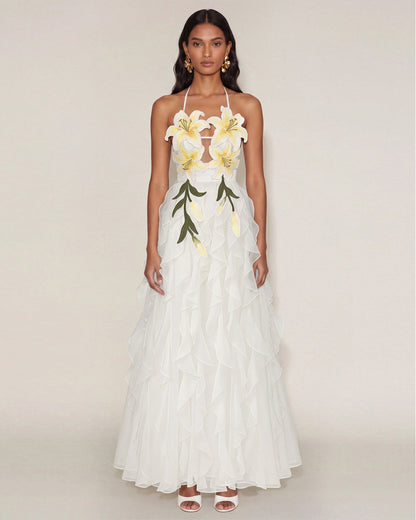 Lily-Embroidered Embroidered Halter Tiered Maxi Dress - White