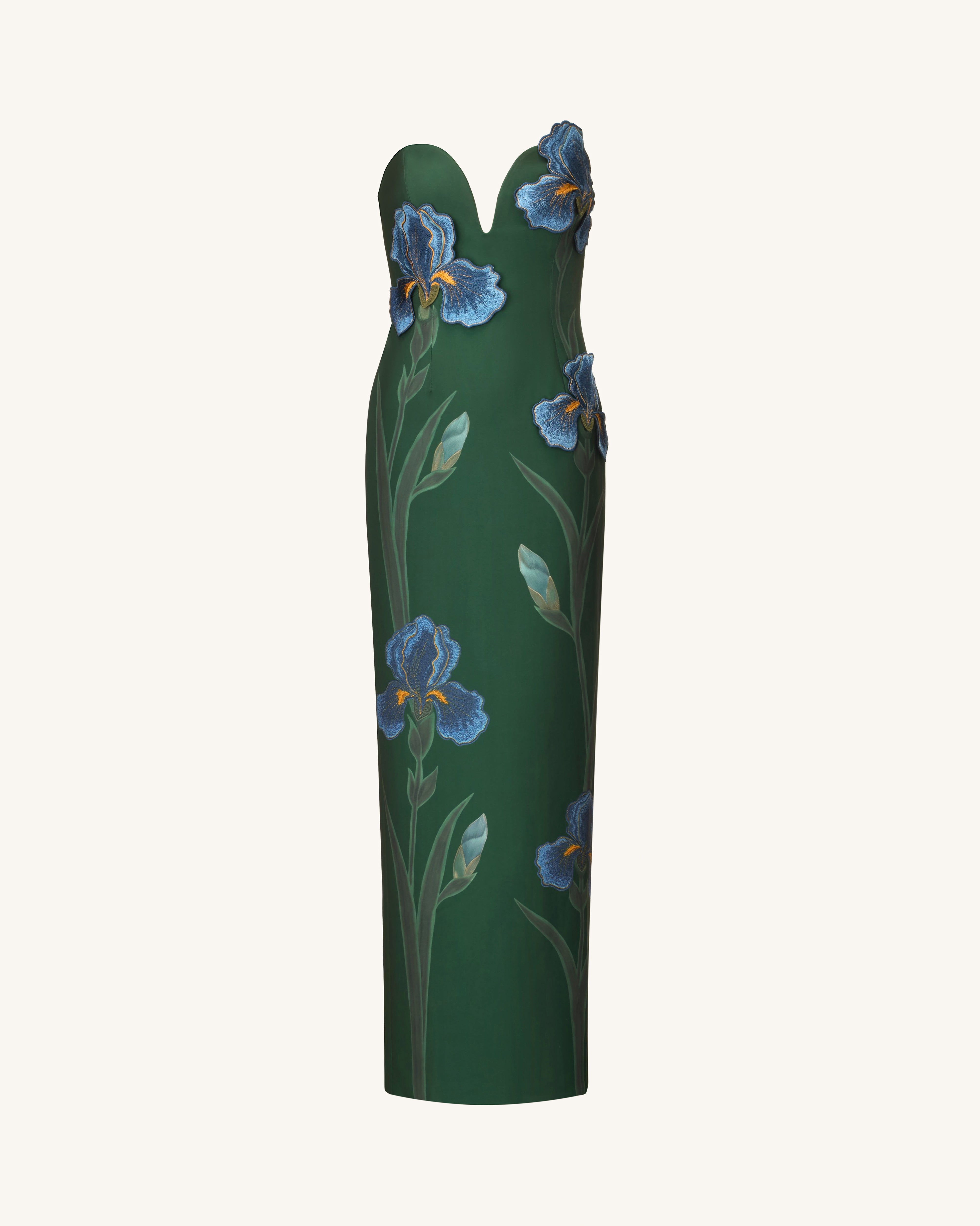Iris Embroidered Notch Neck Strapless Maxi Dress - Emerald Green