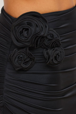 Slinky Jersey Rose Detail Mid-Rise Maxi Skirt in Black