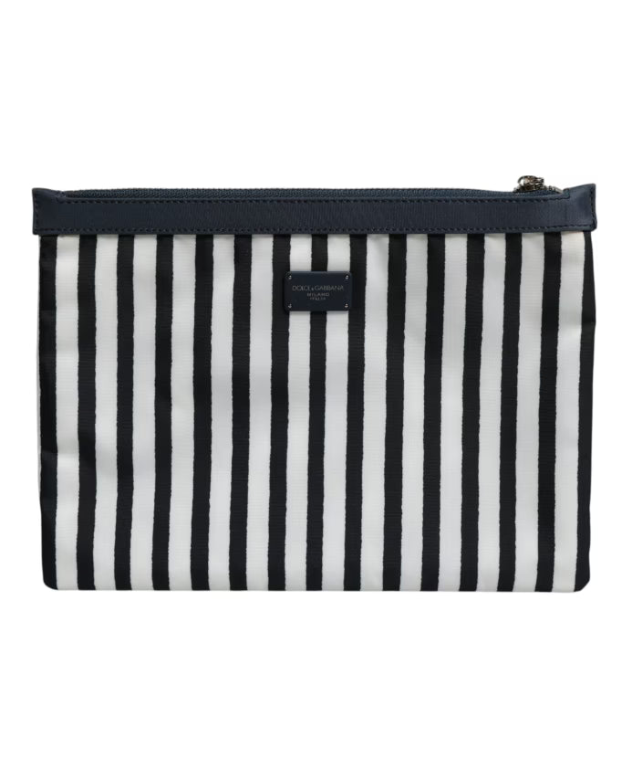 Black White Striped Logo Clutch Bag