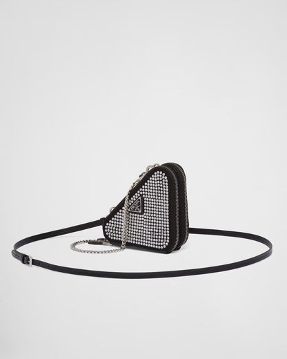 Triangular embellished satin and leather mini-pouch