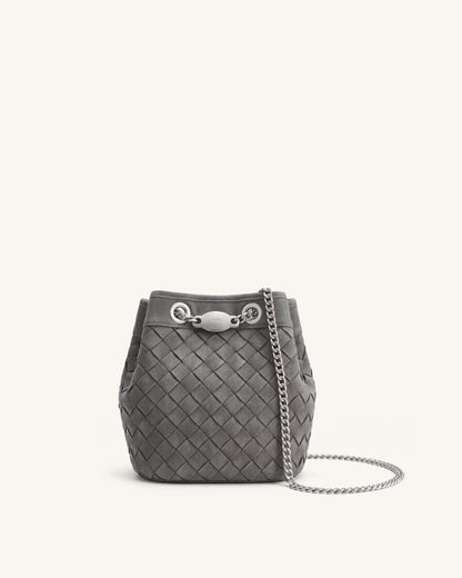 Yara Faux Suede Hand-Woven Bucket Bag - Grey