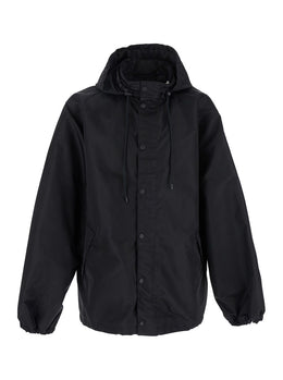 Balenciaga Black Jacket with Drawstring Hood and Maxi Logo Lettering Print on the Rear in Tech Fabric Man