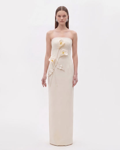 Floral Appliqué Strapless Dress - Cream Ivory